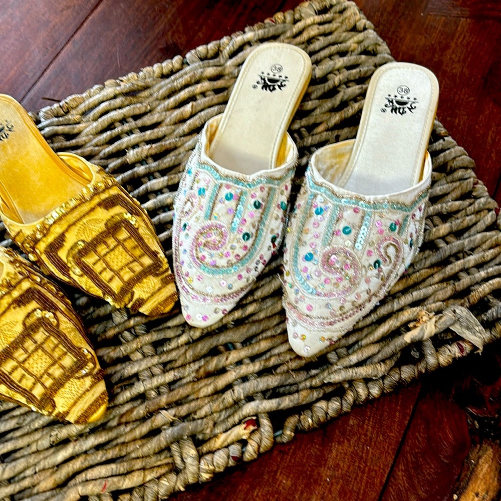 Genie Shoes- white sequined beadeed slip ons!